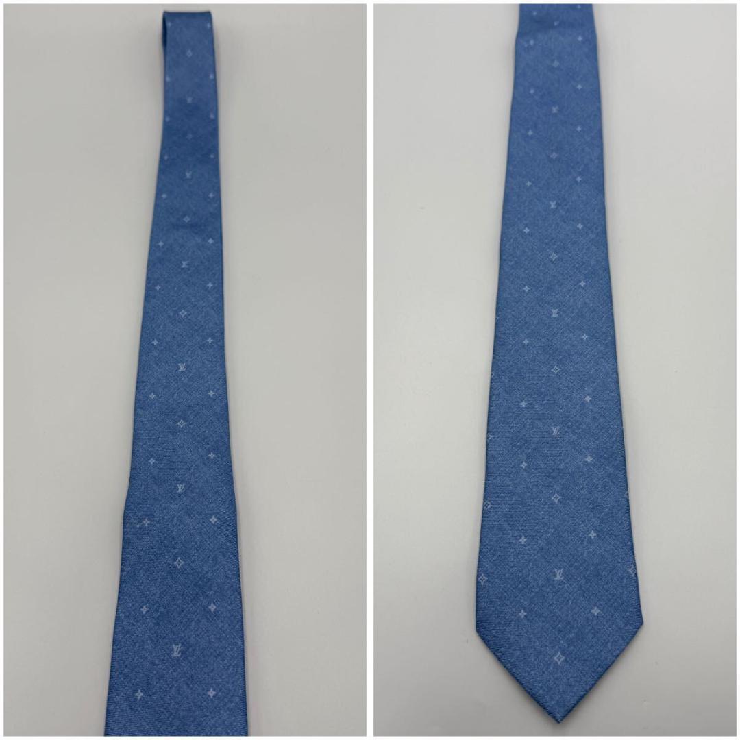 極美品 ルイヴィトン ネクタイ モノグラム ロゴ総柄 フォーマル ライトブルー