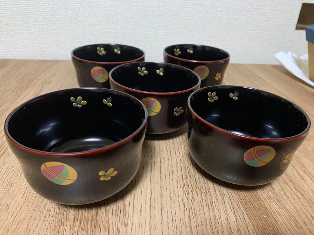 越前漆　沈金蒔絵木製汁椀 5客　手毬梅花　宮内庁御用達　手塗り