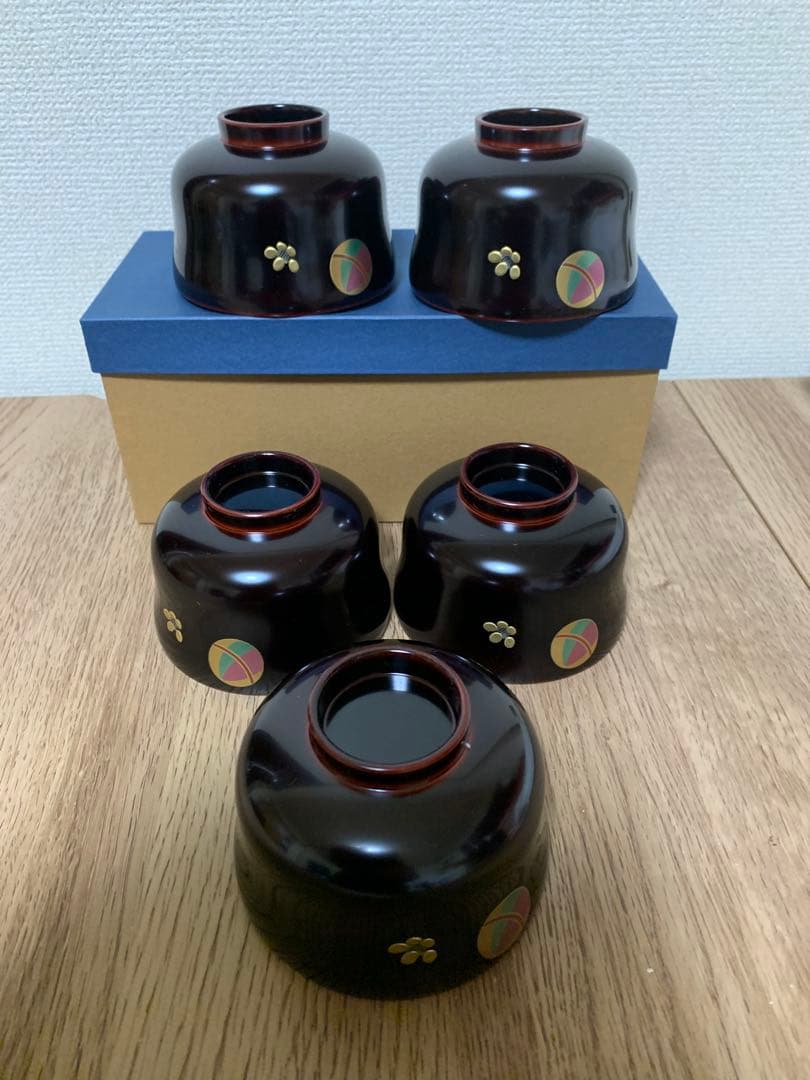 越前漆　沈金蒔絵木製汁椀 5客　手毬梅花　宮内庁御用達　手塗り