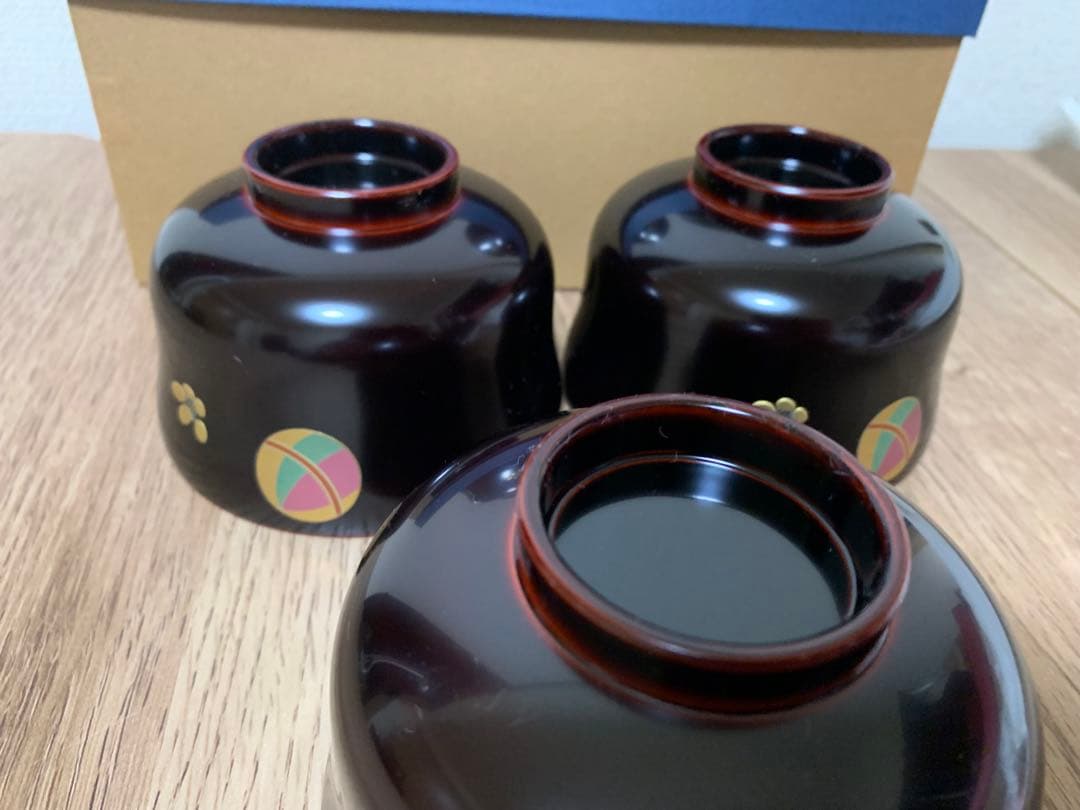 越前漆　沈金蒔絵木製汁椀 5客　手毬梅花　宮内庁御用達　手塗り