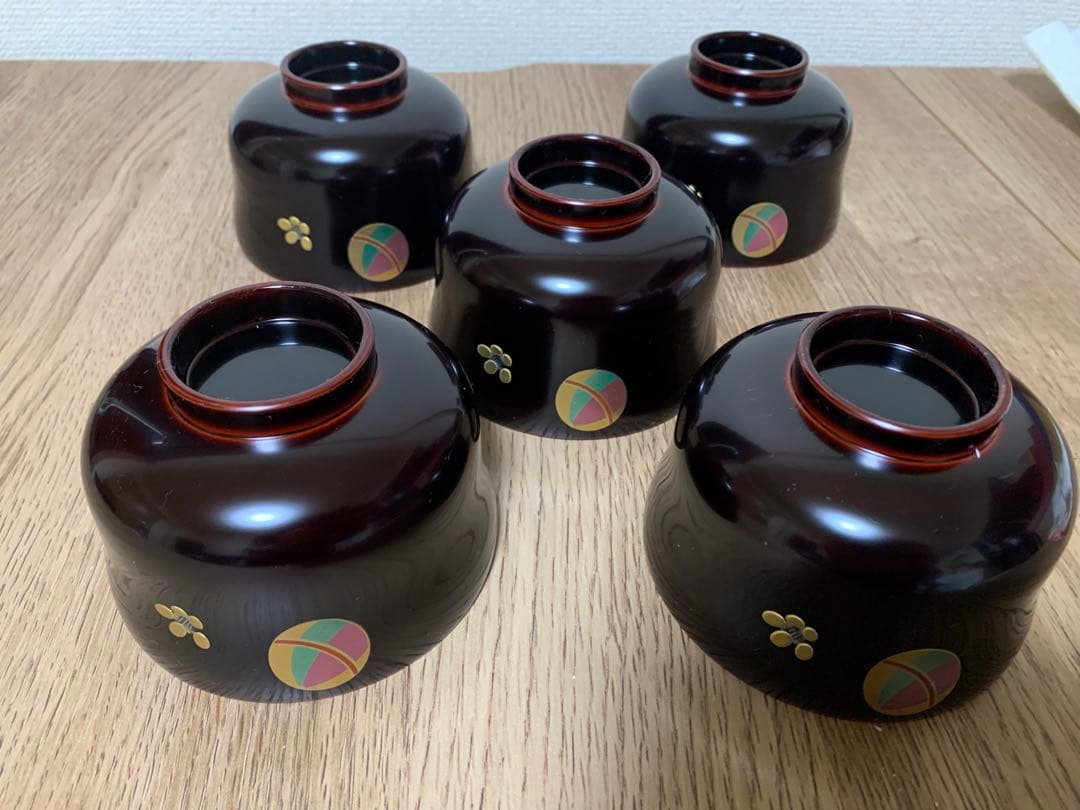 越前漆　沈金蒔絵木製汁椀 5客　手毬梅花　宮内庁御用達　手塗り