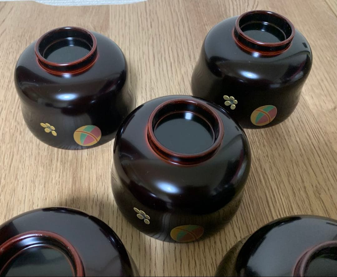 越前漆　沈金蒔絵木製汁椀 5客　手毬梅花　宮内庁御用達　手塗り