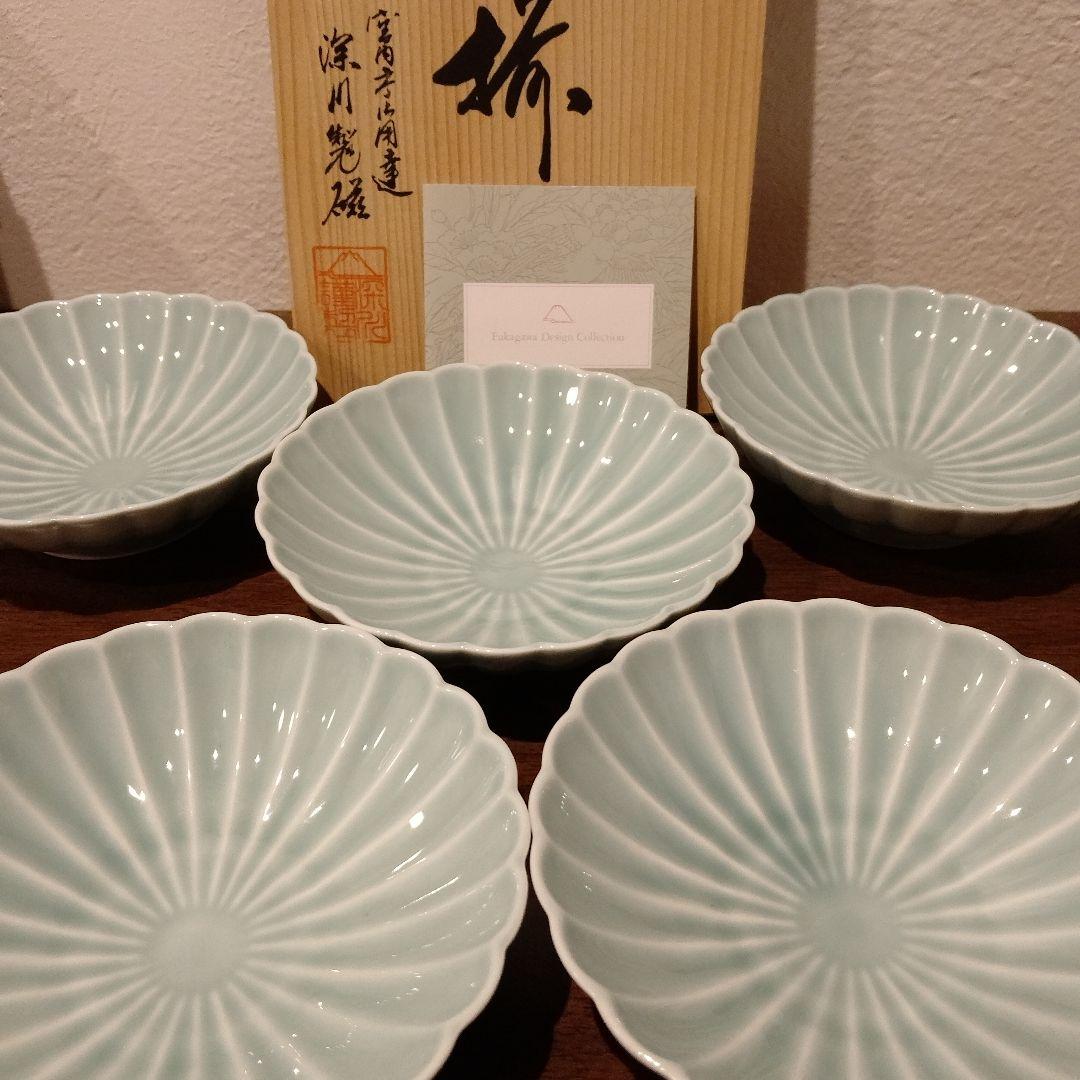 未使用新品　深川製磁　菊割小付揃　小皿　青磁　箱入　有田焼　5枚