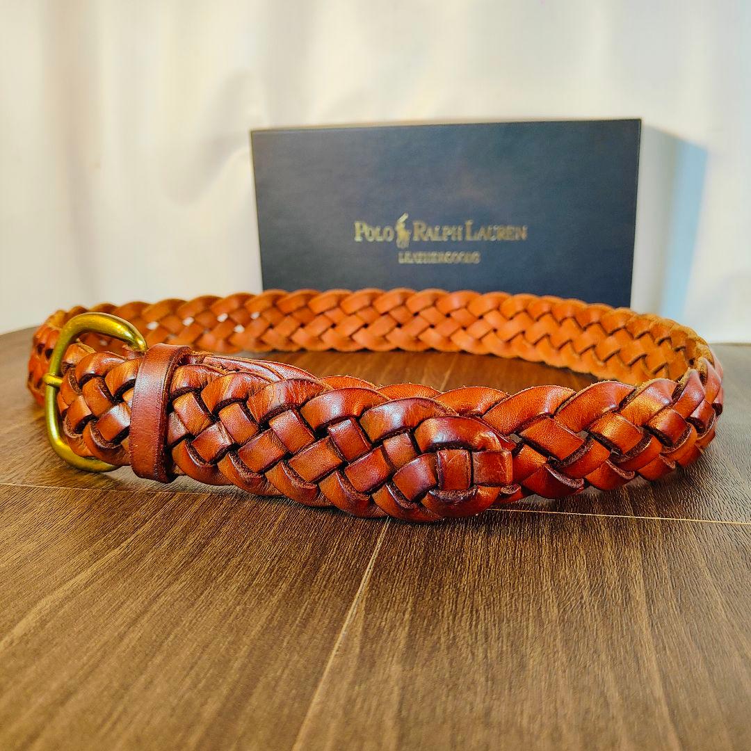 【ヴィンテージ】ポロラルフローレン　高級編込みドレスベルト　極厚イタリアンレザー