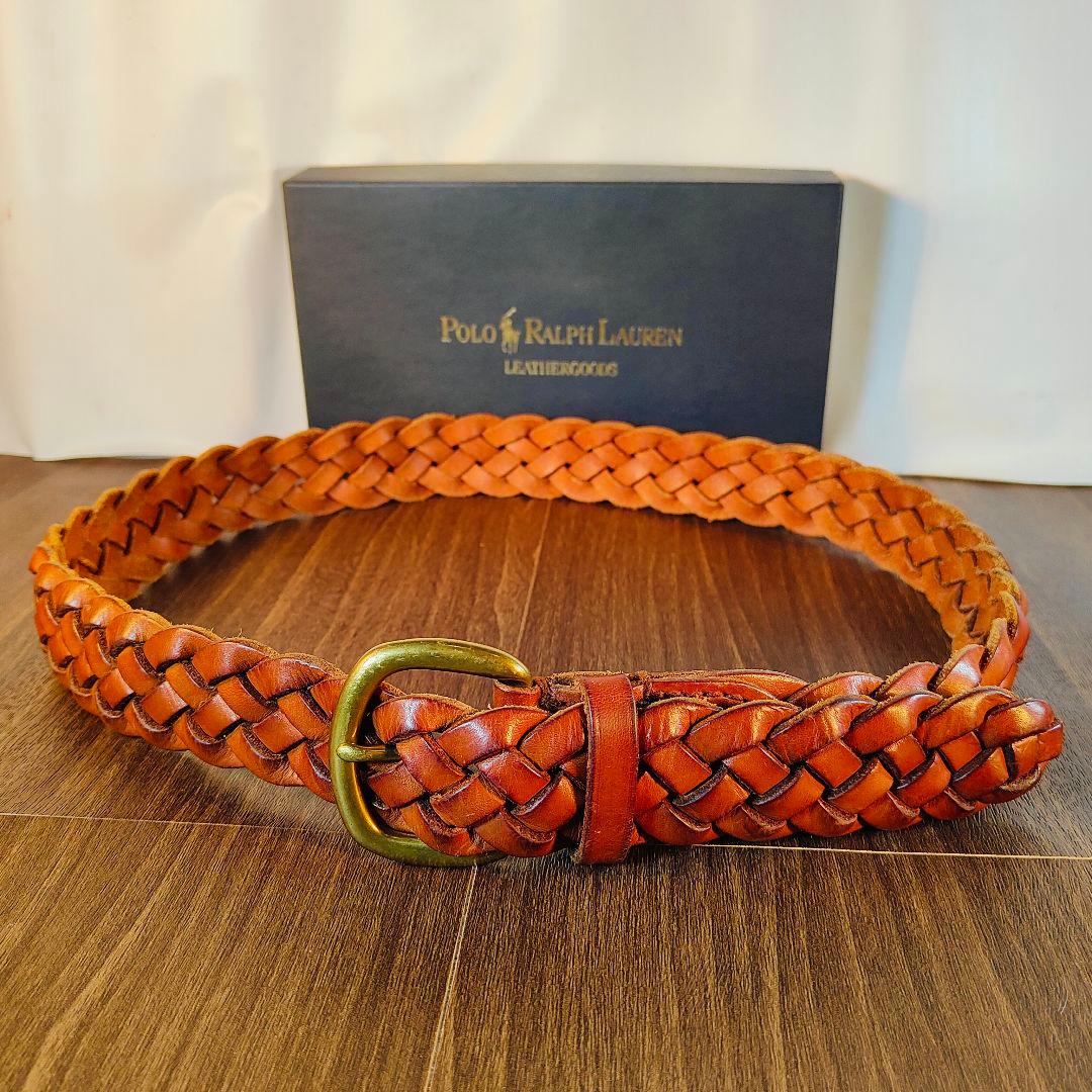 【ヴィンテージ】ポロラルフローレン　高級編込みドレスベルト　極厚イタリアンレザー