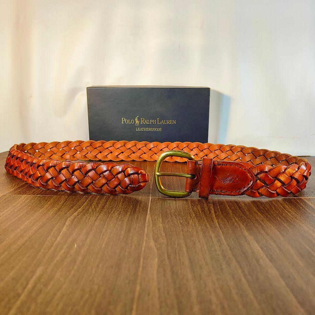 【ヴィンテージ】ポロラルフローレン　高級編込みドレスベルト　極厚イタリアンレザー