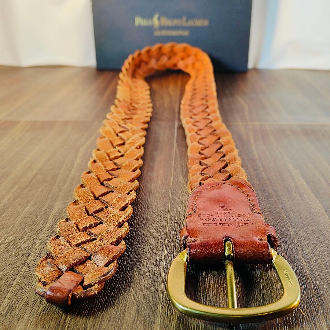 【ヴィンテージ】ポロラルフローレン　高級編込みドレスベルト　極厚イタリアンレザー