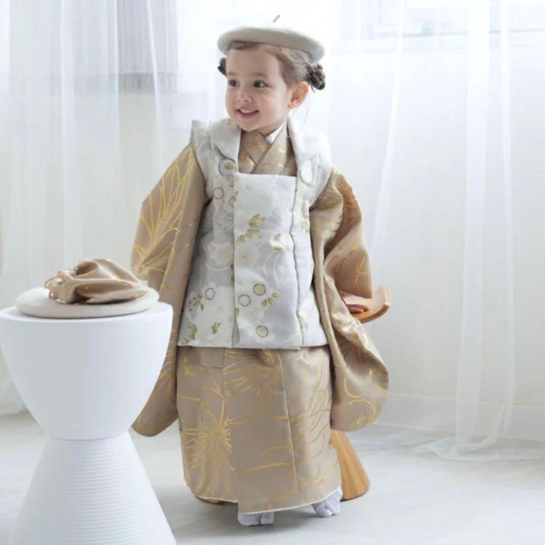 【ひよこ商店】七五三着物フルセット 3歳女の子 被布 金グレー花レトロ ウタタネ