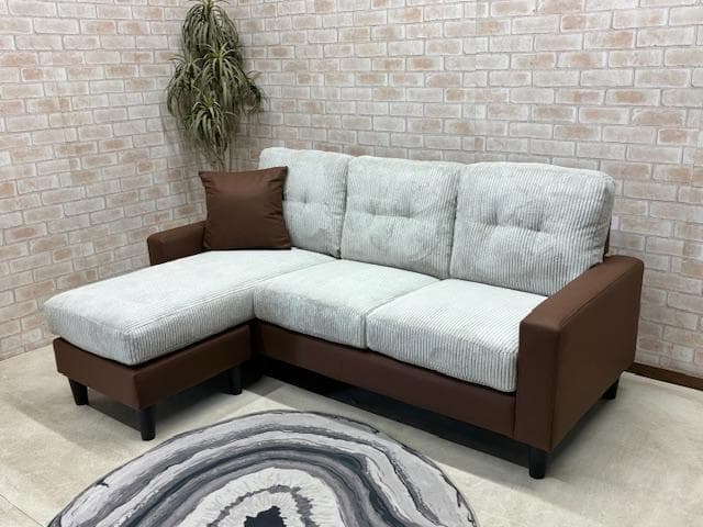 カウチソファ　３人掛け　コーデュロイ　LGY　新品　大特価