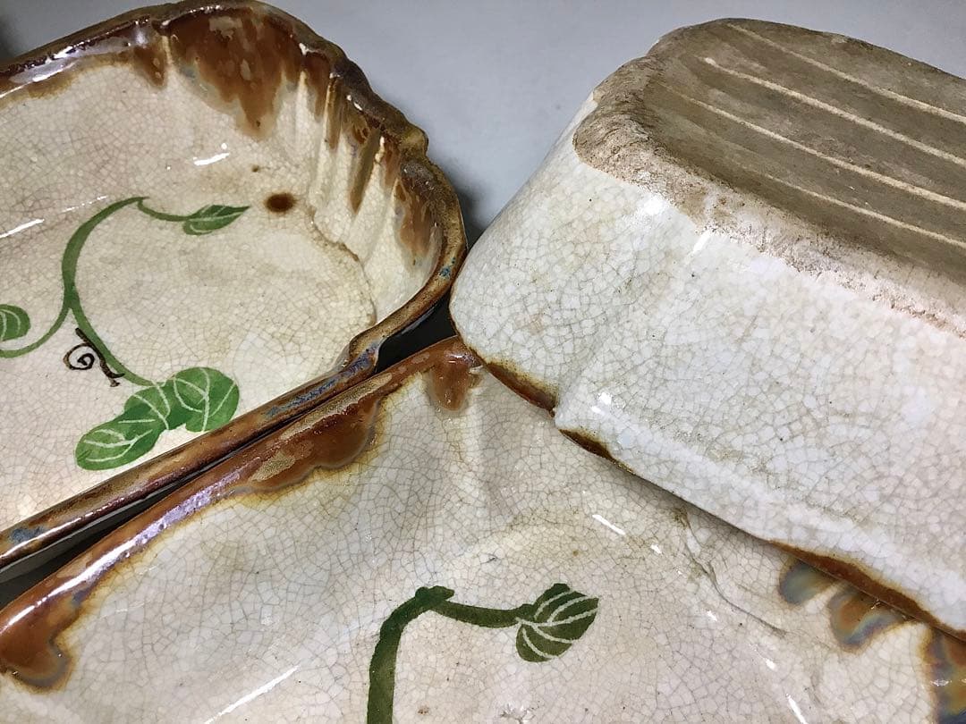 織部焼？◆角皿 ５個◆でんでん虫 カタツムリ 長皿 深皿 和食器 菓子皿