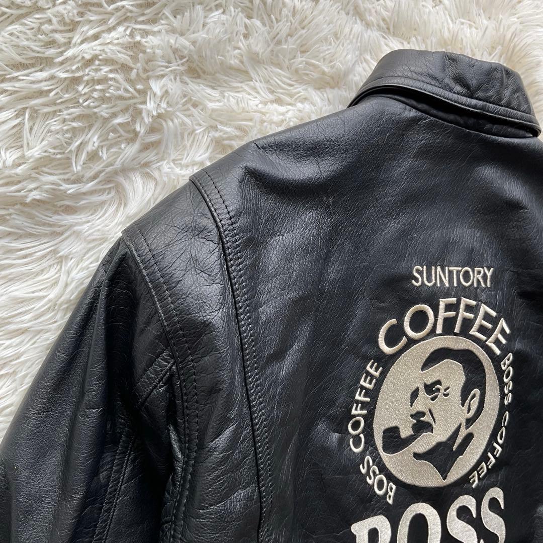90's✨サントリー　BOSS レザージャケット　牛革　ワッペン　L ブラック