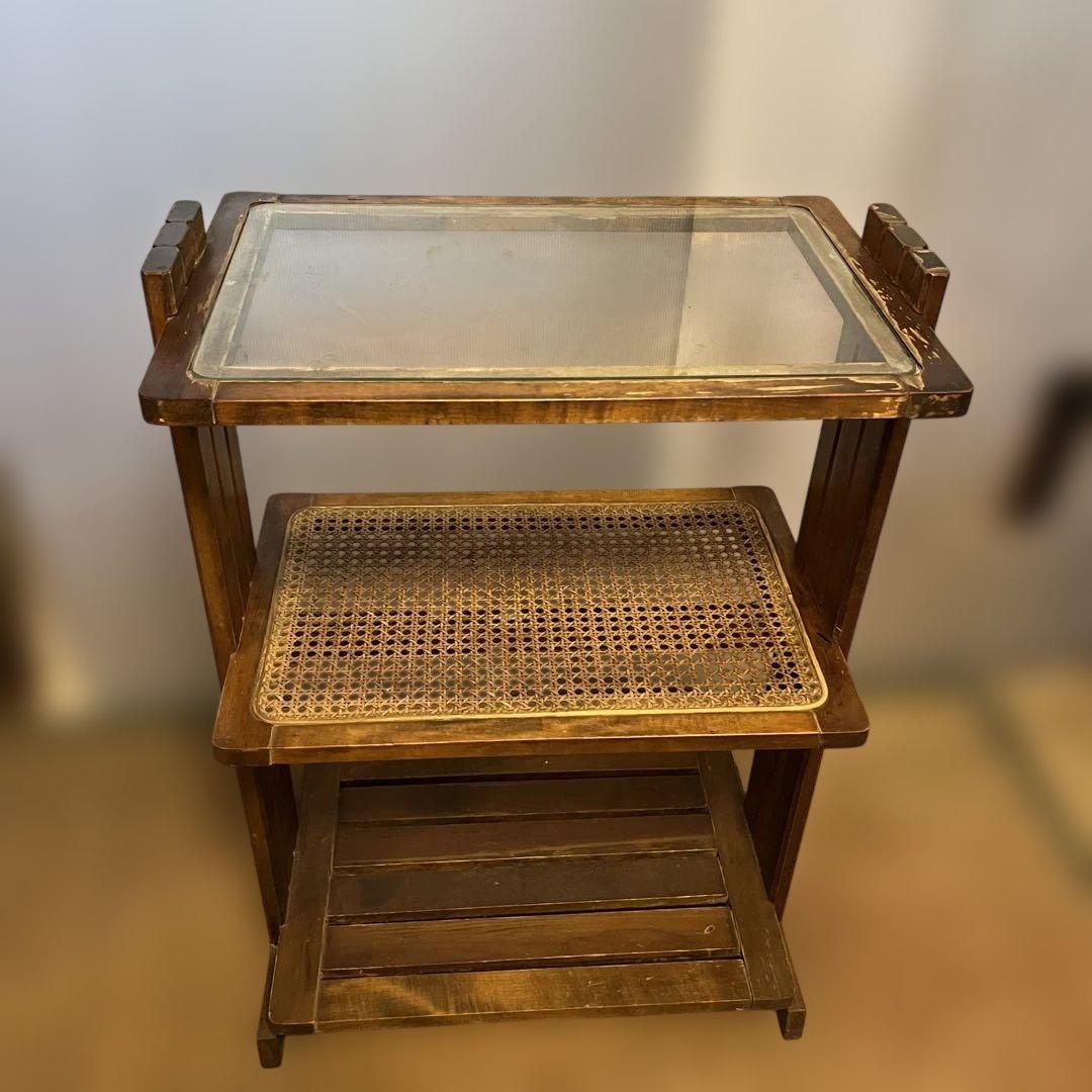 昭和レトロ ラタン×ガラス天板 3段ラック 飾り棚 サイドテーブル ビンテージ
