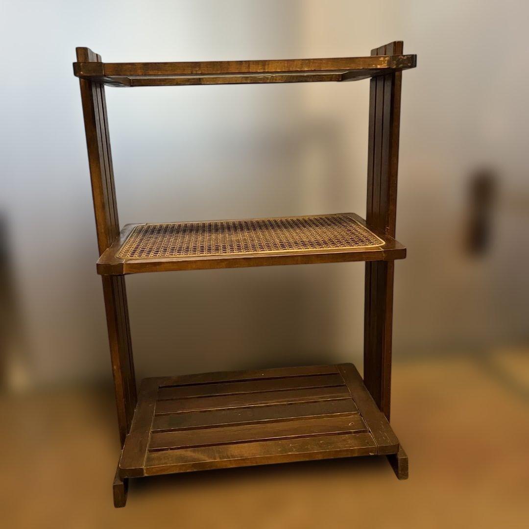 昭和レトロ ラタン×ガラス天板 3段ラック 飾り棚 サイドテーブル ビンテージ