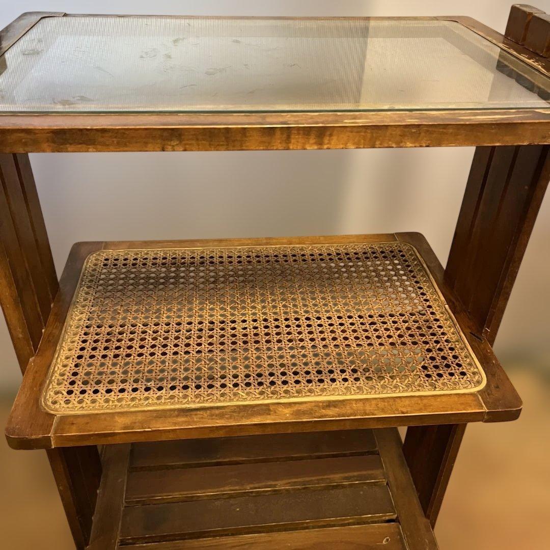 昭和レトロ ラタン×ガラス天板 3段ラック 飾り棚 サイドテーブル ビンテージ