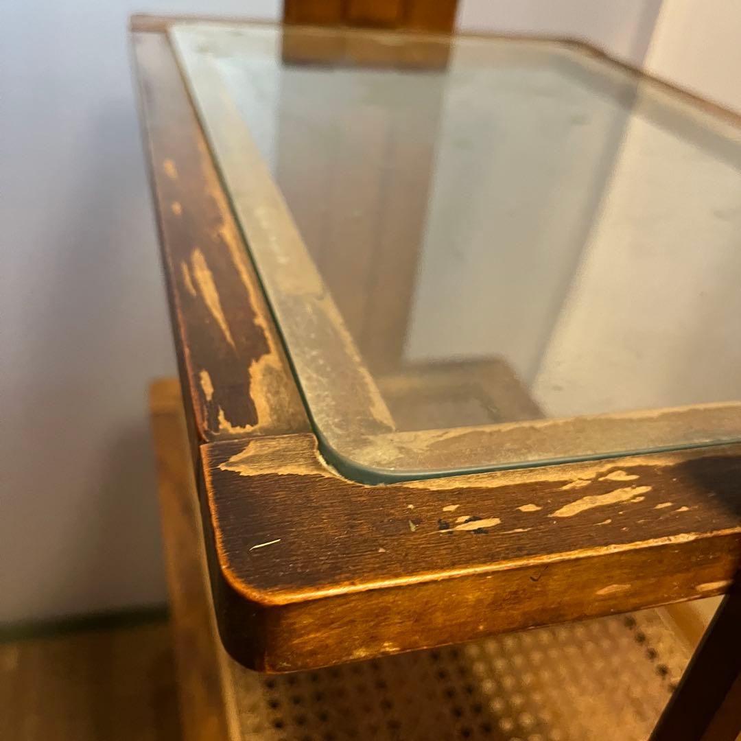 昭和レトロ ラタン×ガラス天板 3段ラック 飾り棚 サイドテーブル ビンテージ