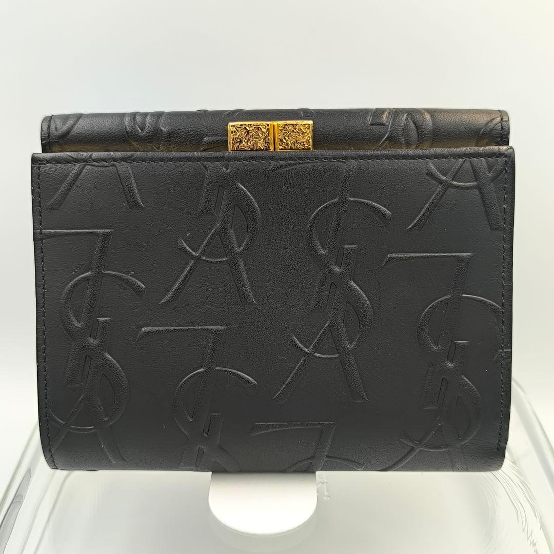 極美品✨Yves Saint Laurent レザー がま口 三つ折り財布 黒