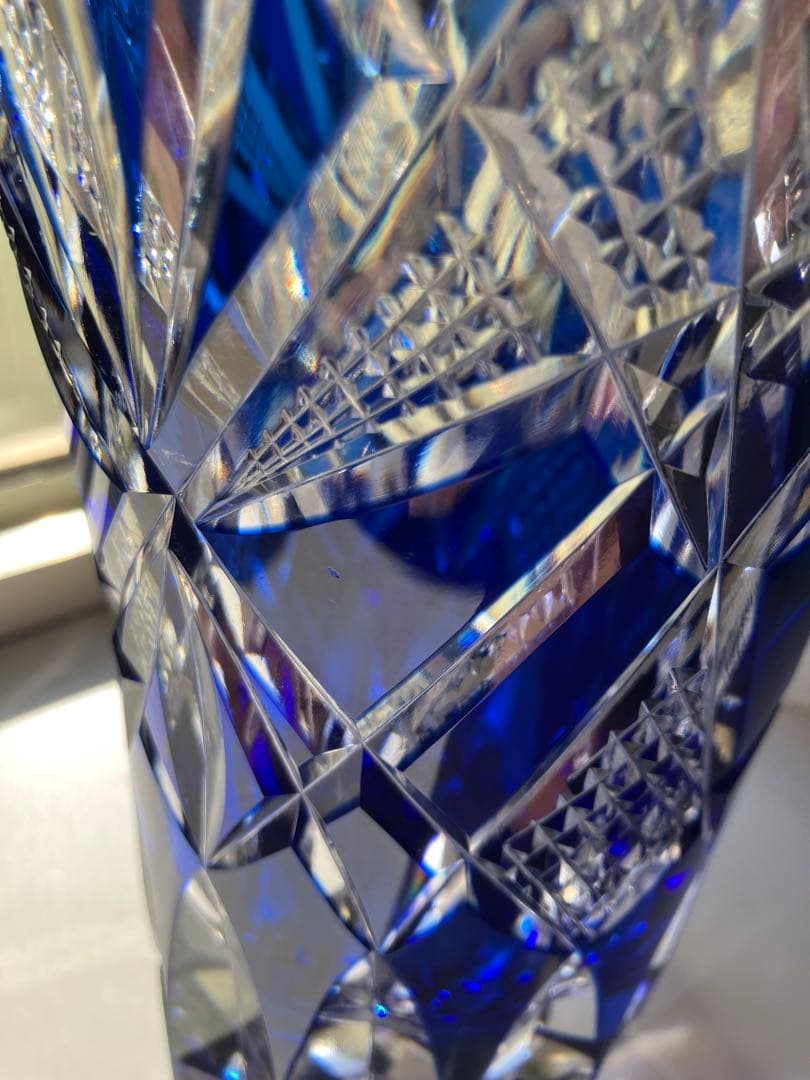 昭和レトロ◆江戸切子◆花器 花瓶◆昭和後期◆青被せ カットガラス