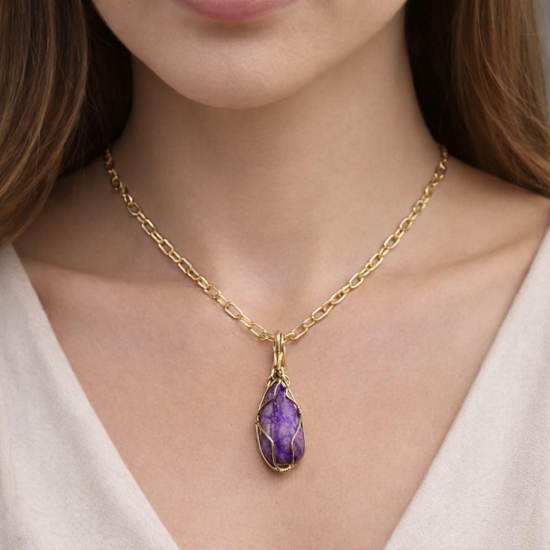 パープルスギライトワイヤーペンダント真鍮金メッキネックレスNO25-2228