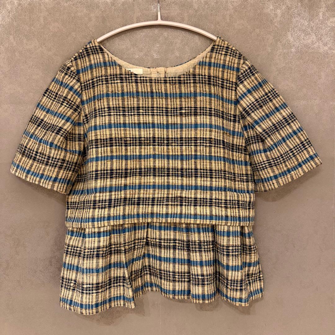 【45R】チェック柄 ペプラム 半袖ブラウス (サイズ2)