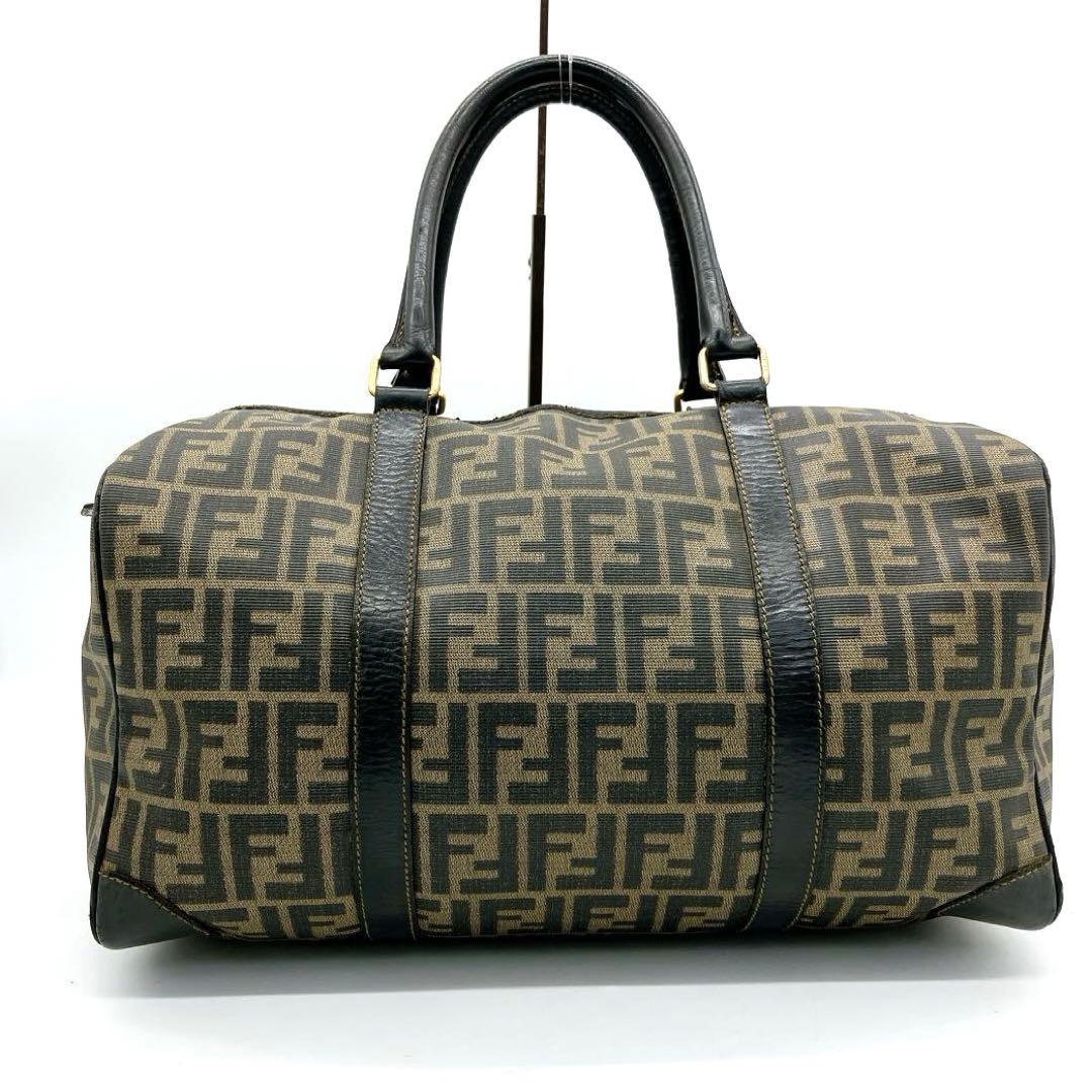 【FENDI】ボストンバッグ　ズッカ柄　ゴールド金具　ブラウン　PVC