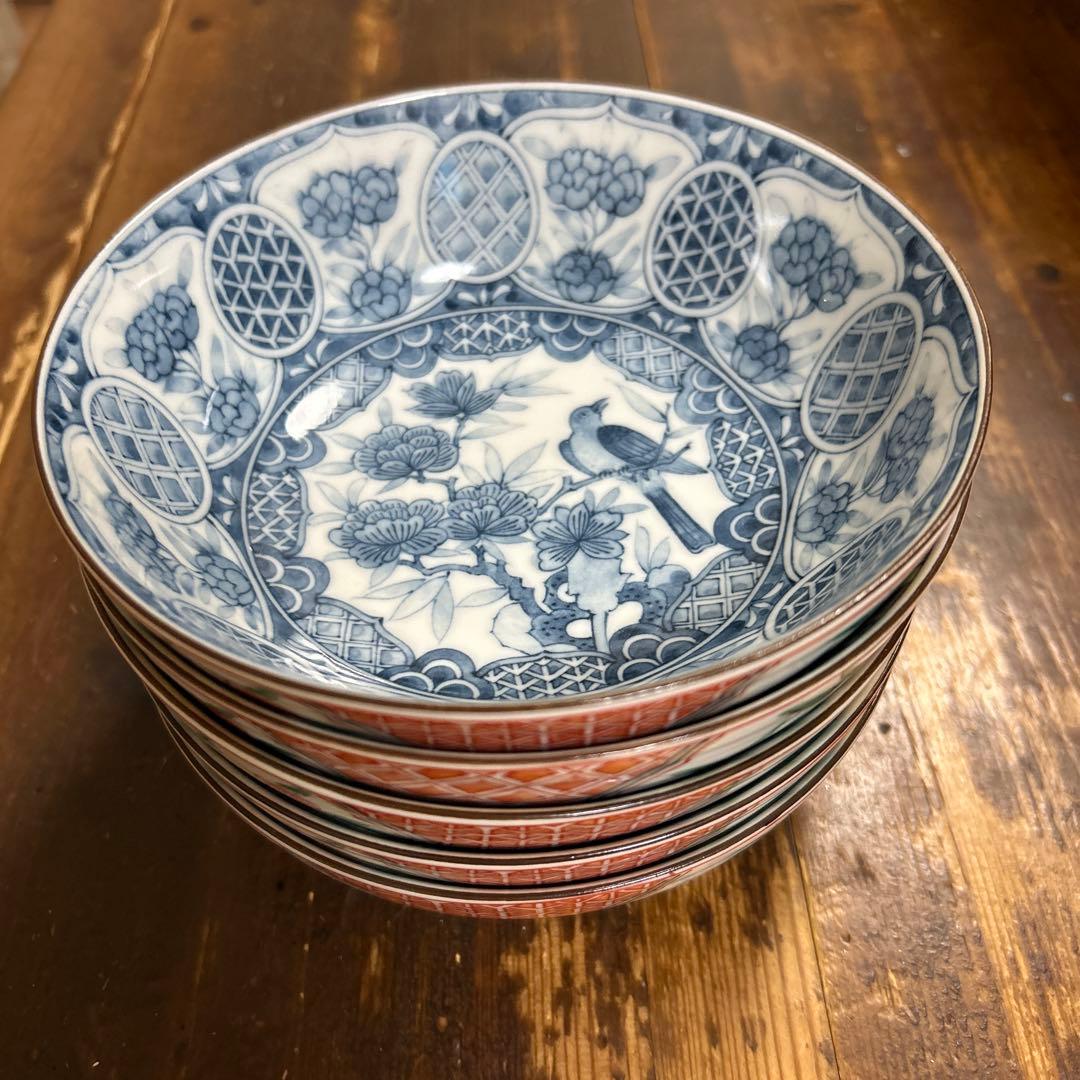 有田焼　龍峯窯　染付　赤絵　中鉢　5個　汁鉢