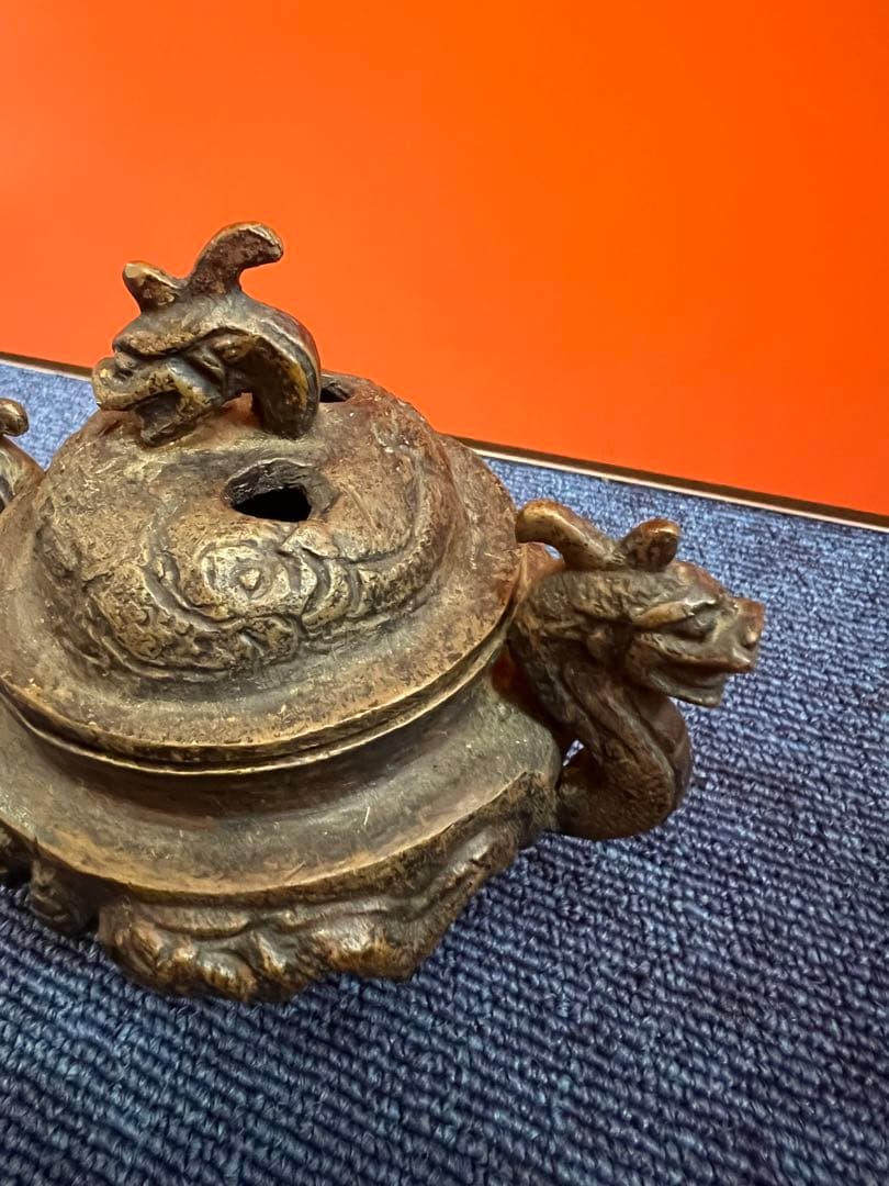 1209 中国　骨董　大明宣徳年製銘　龍文香炉　時代物