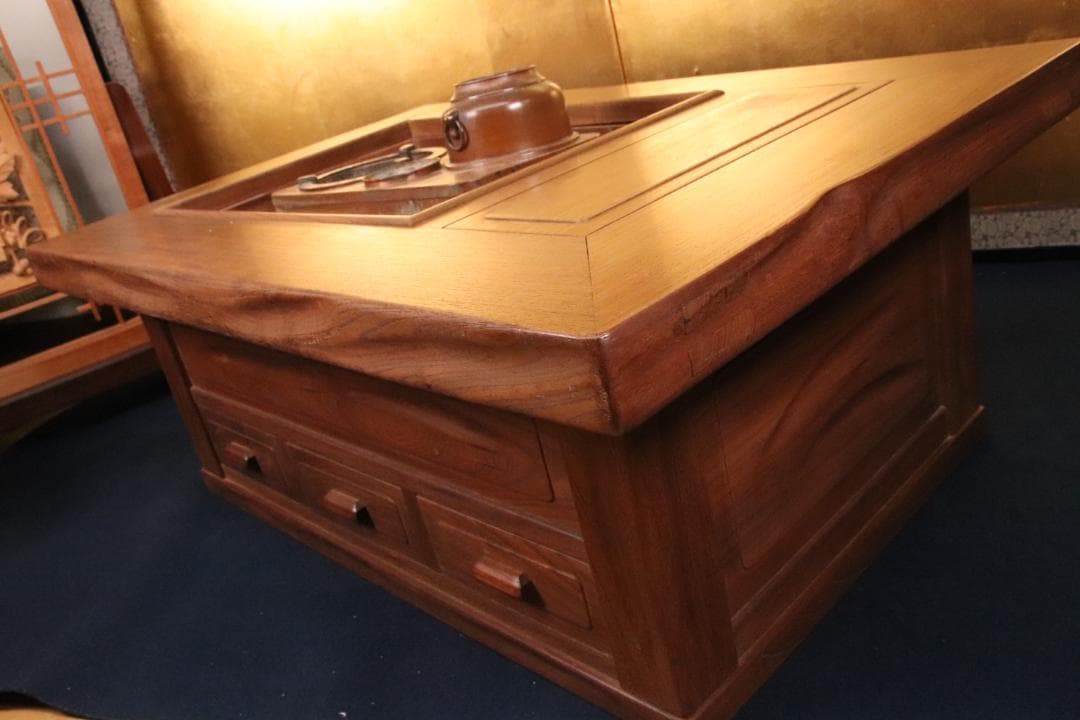 BE419　時代家具　関西火鉢　３尺　天板厚５㎝　純銅製 酒燗器 火箸 灰ならし