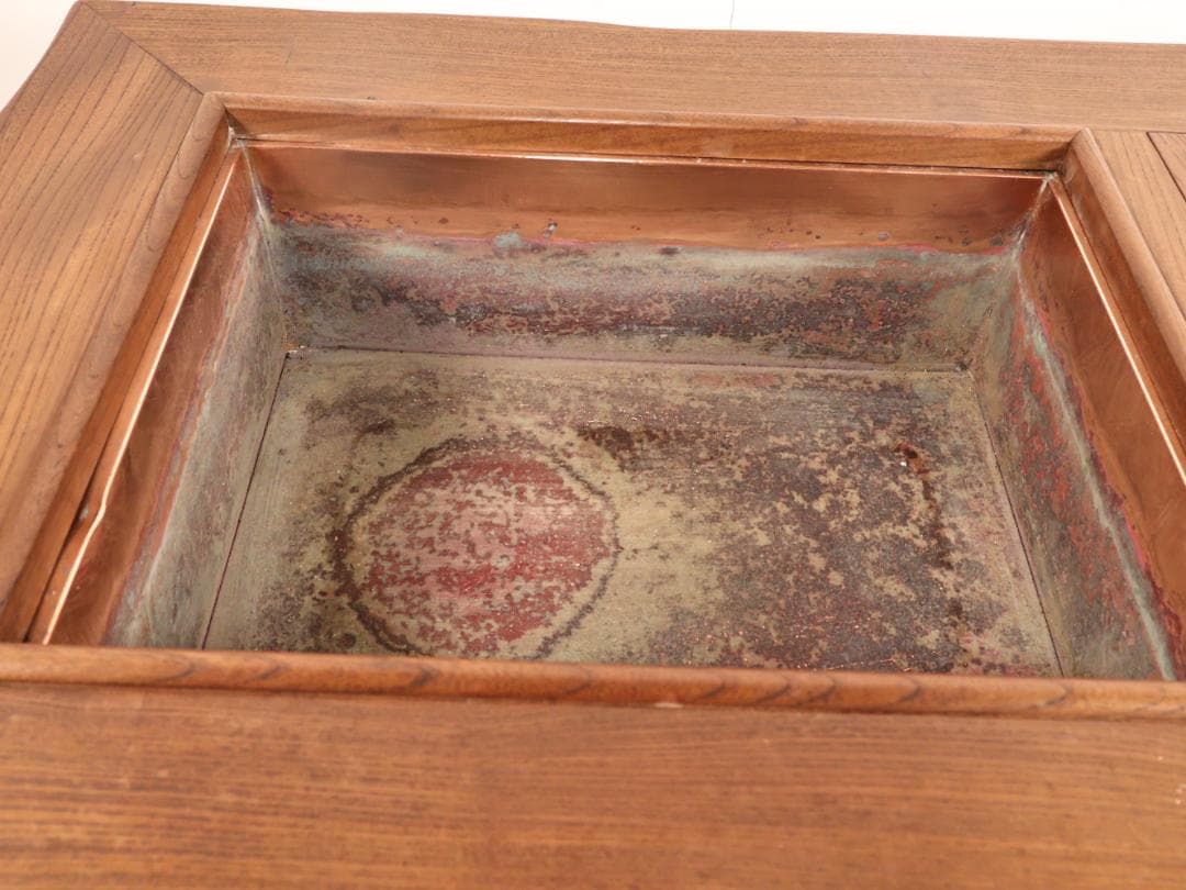 BE419　時代家具　関西火鉢　３尺　天板厚５㎝　純銅製 酒燗器 火箸 灰ならし