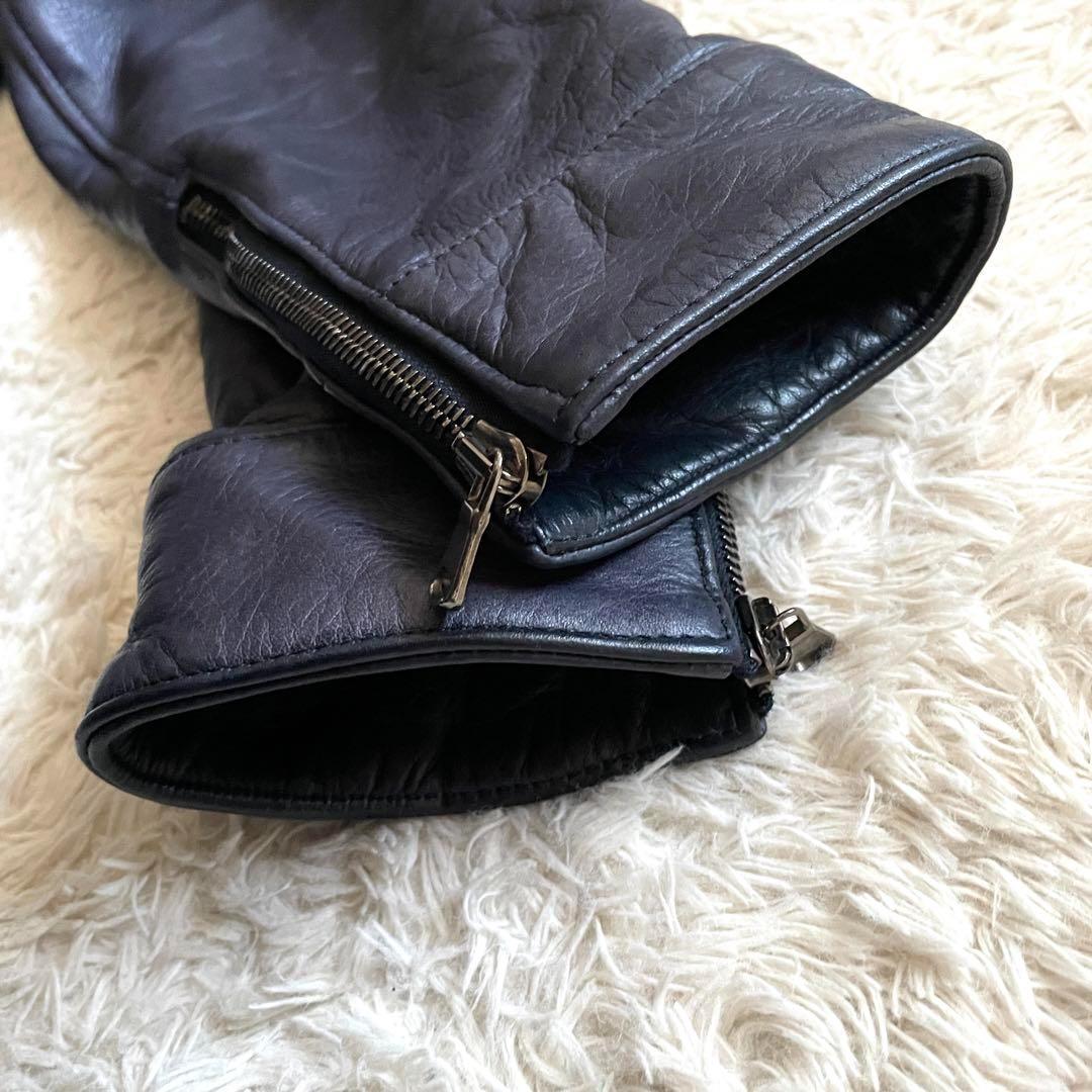 【美品】ジュンハシモト インナーライダースジャケット 牛革 シワ加工 紺 M