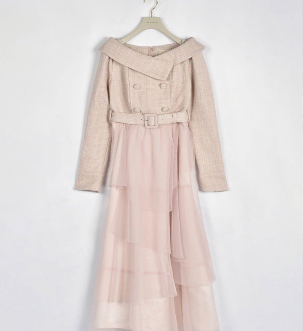 土日限定お値下げ中‼️アンミール　チュールドッキングツイードワンピース　ピンク