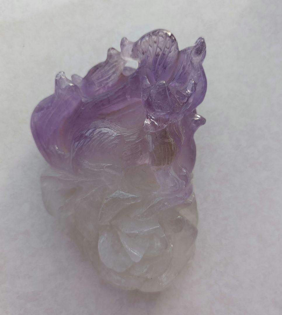 アメジスト手彫り 九尾の狐置物 特注台座付き 1部アメトリン