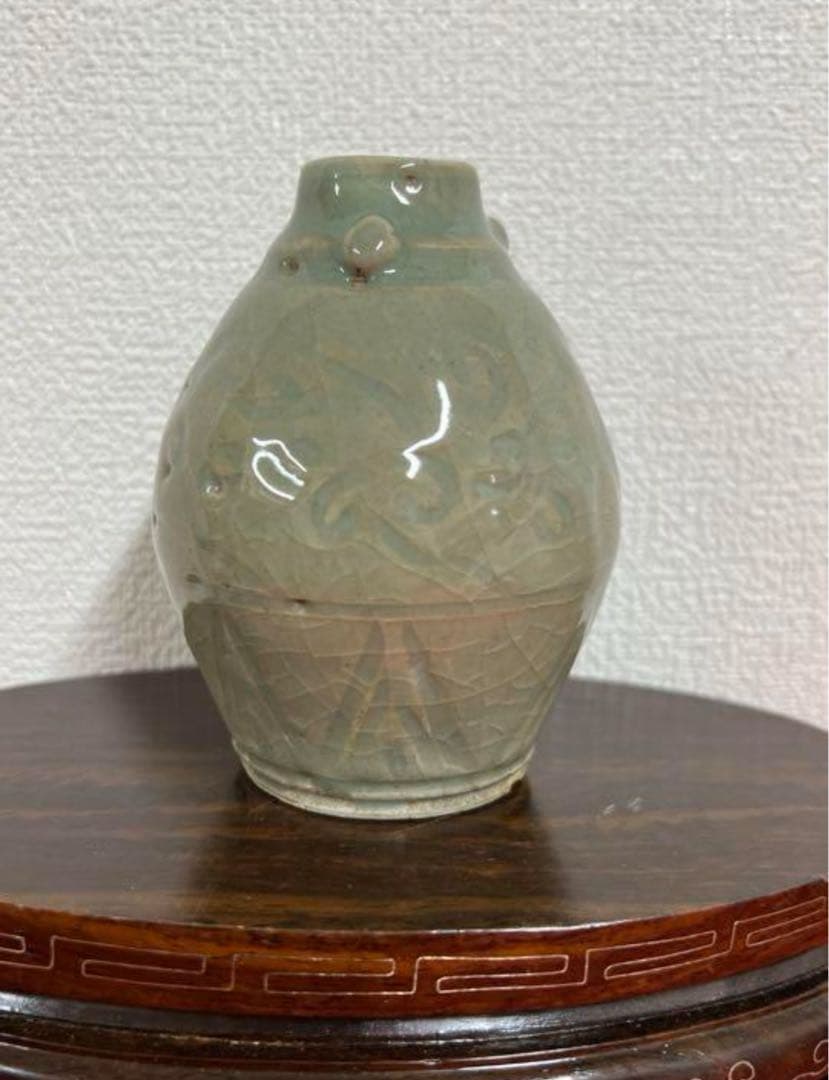 宋代古美術　時代物　龍泉窯青瓷花瓶 小缶