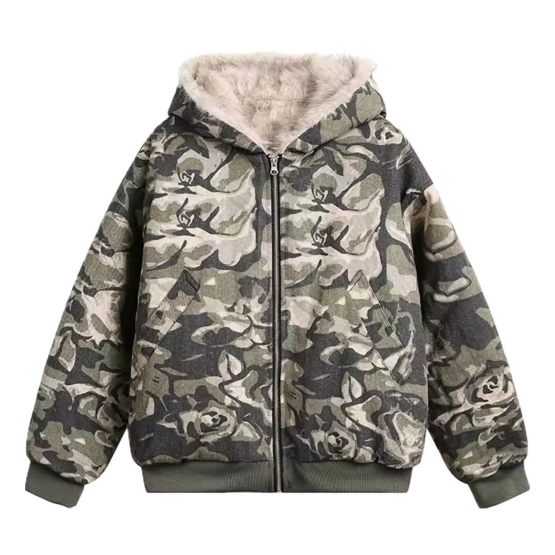 カモフラージュ ファー付きジャケット 韓国ストリート Y2K