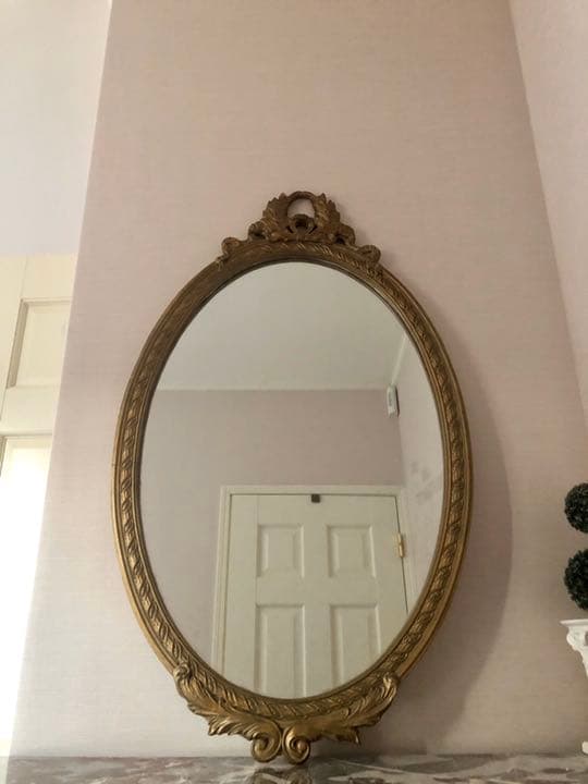 フランスアンティーク　大きなリボン&リース装飾ミラー　金ゴールド