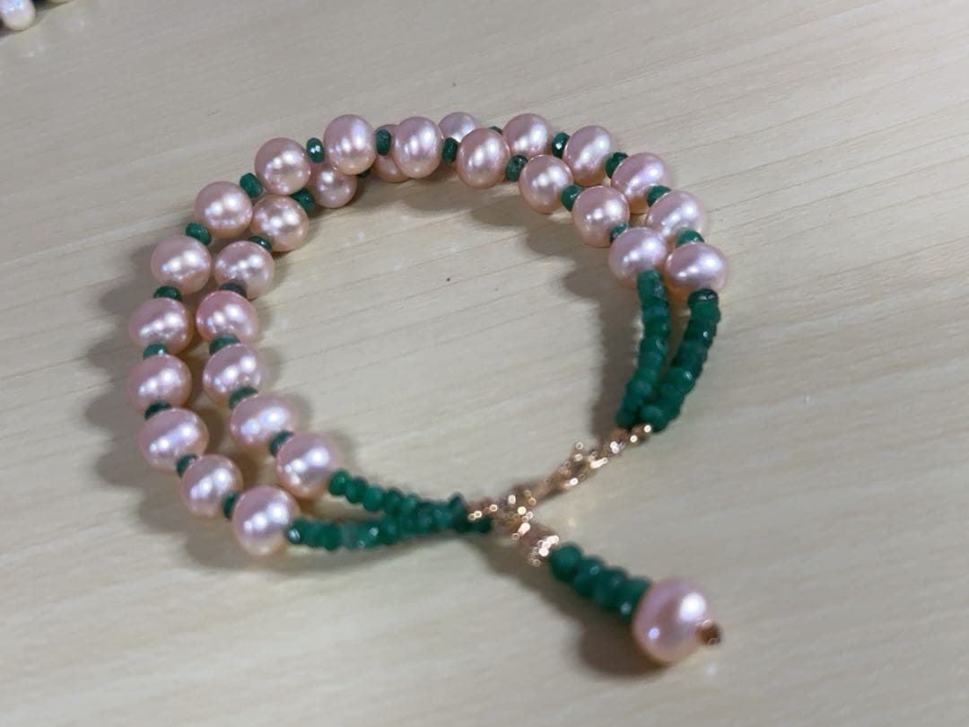 本真珠&エメラルドコンビ二連デザインブレスレット　K18金