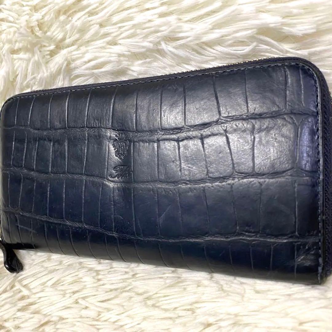 【美品✨】Felisi 125 ラウンドジップ 長財布 レザー クロコ型押し 紺
