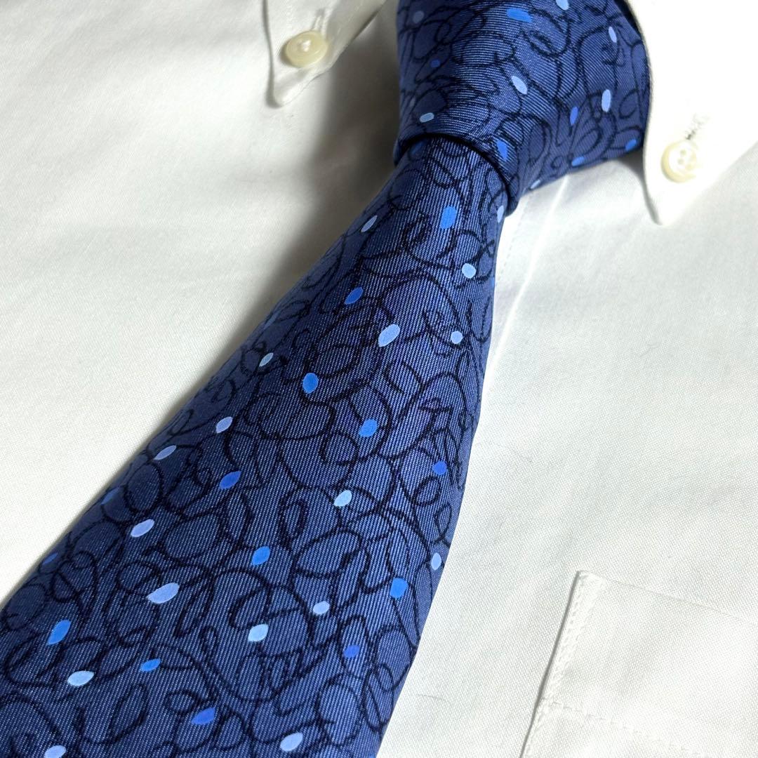 HERMES ネクタイ ブルー系 ネイビー ドット アート柄
