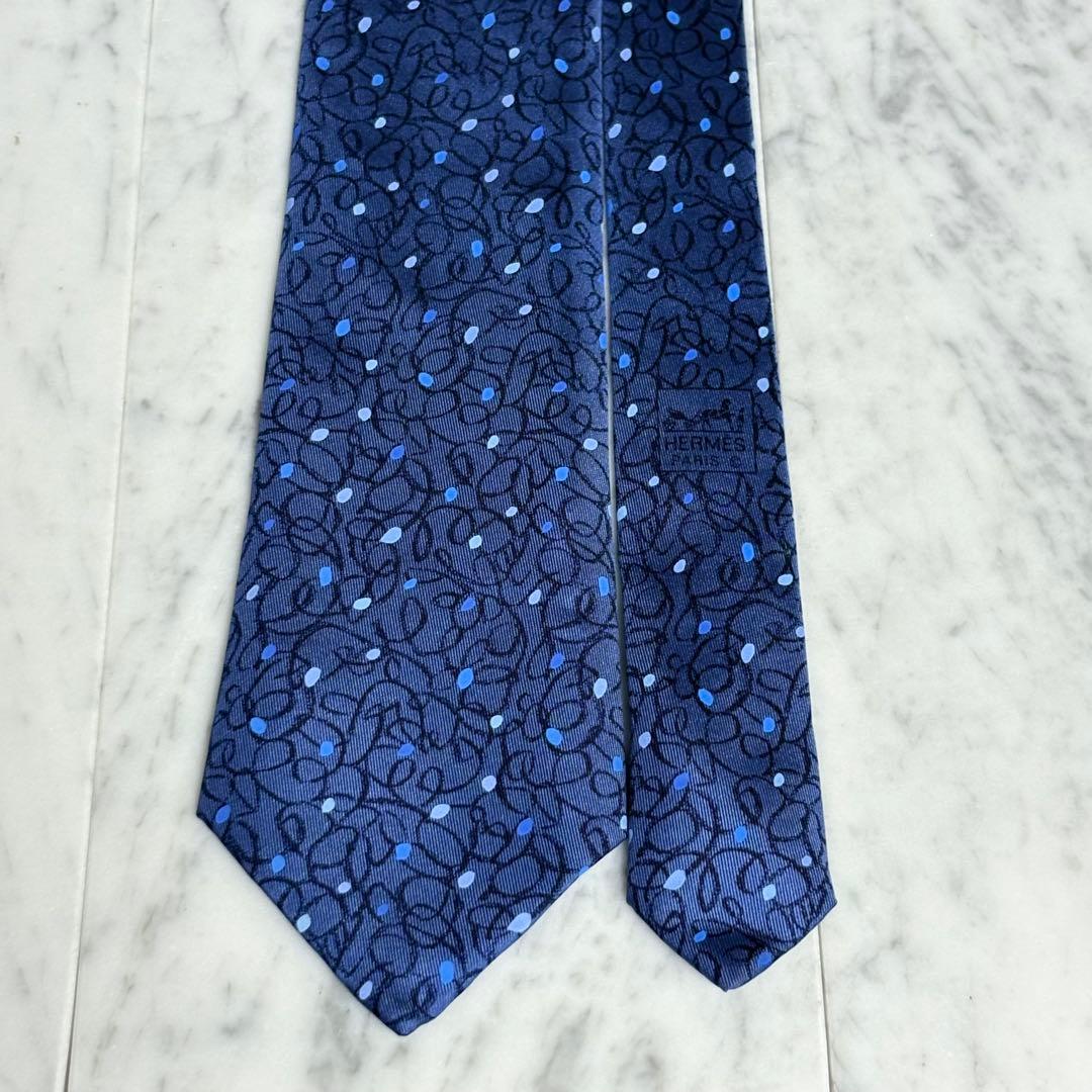HERMES ネクタイ ブルー系 ネイビー ドット アート柄
