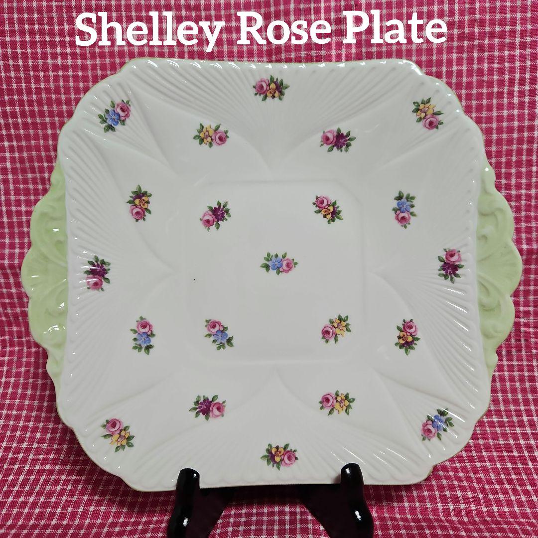 レア Shelley グリーントリム ピンクローズ パンジー ケーキプレート