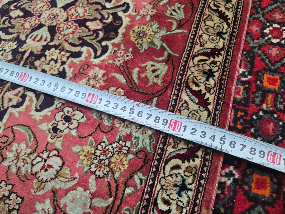 ペルシャ絨毯本物保証クム産100%手織り天然シルク花柄赤玄関マット84×55cm