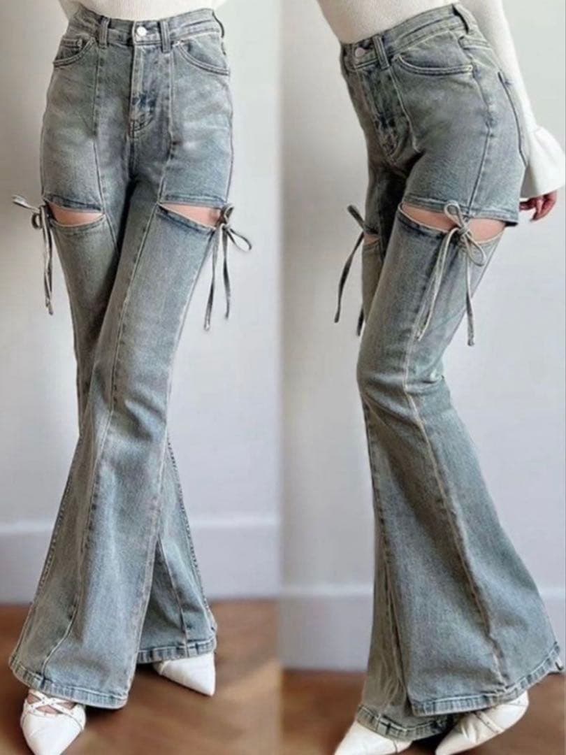 RESEXXY リゼクシー　カットアウトリボンフレアデニムパンツ