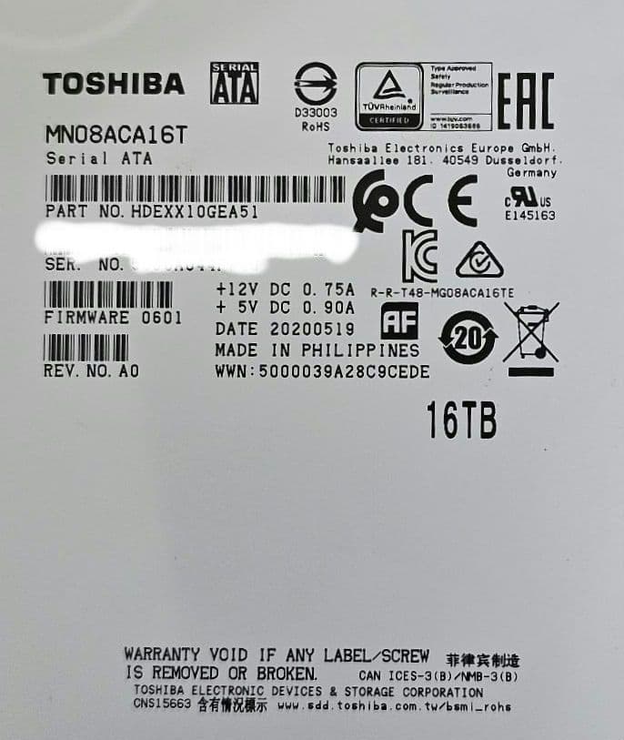 東芝　16TB HDD MN08ACA16T 稼働時間極小