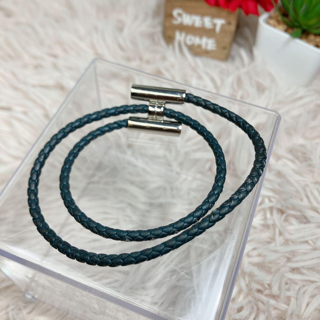 HERMES エルメス トゥルニ トレッセ レザー ブレスレット ネイビー 編み