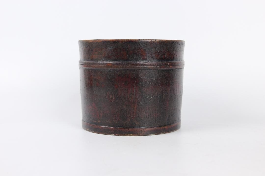 明末清初中国 木胎 黒漆 筒形容器 民窯 民用 漆器 物入れ ED11-23