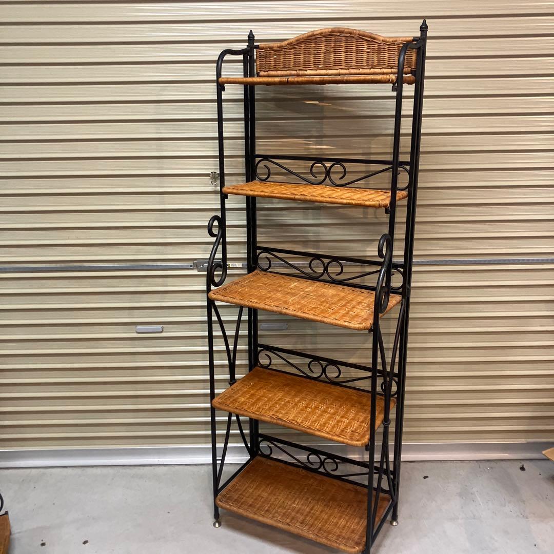 アンティーク調 アイアンフレーム 5段折りたたみラタンラック 飾り棚 花台レトロ
