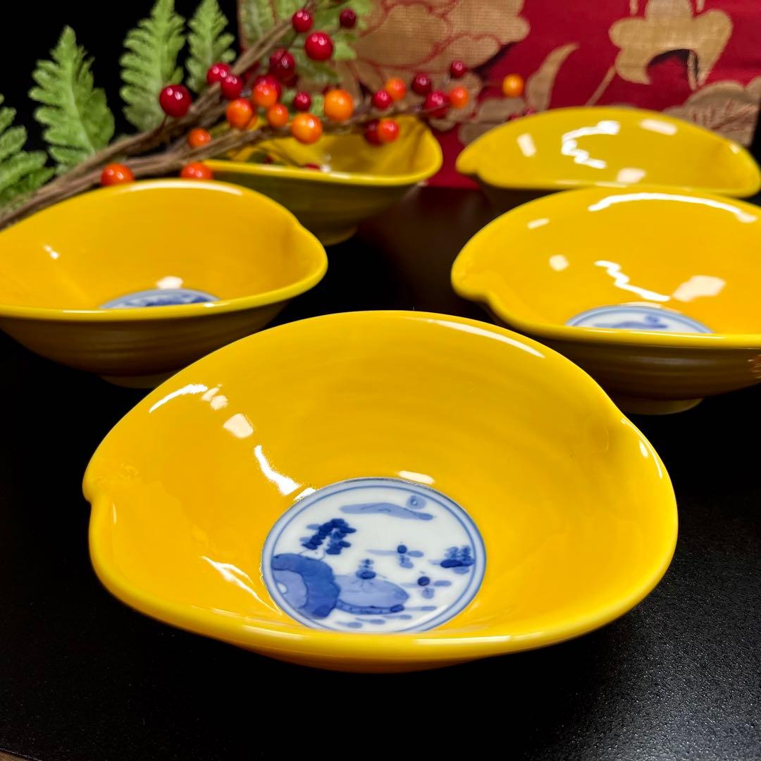 【様々な設えに】 一峰窯 黄釉 山水 銘々鉢 セット 黄交趾 なぶり鉢 向付 鉢