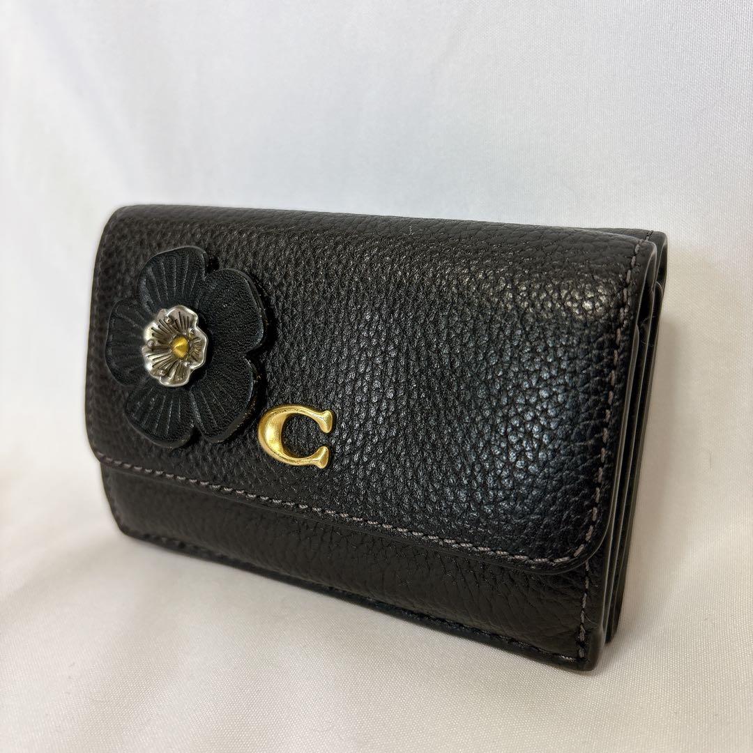 【美品】COACH コーチ ティーローズ トライフォールド ブラック レザー