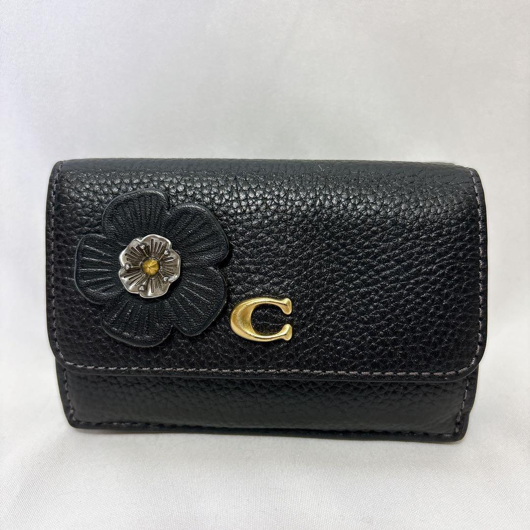 【美品】COACH コーチ ティーローズ トライフォールド ブラック レザー