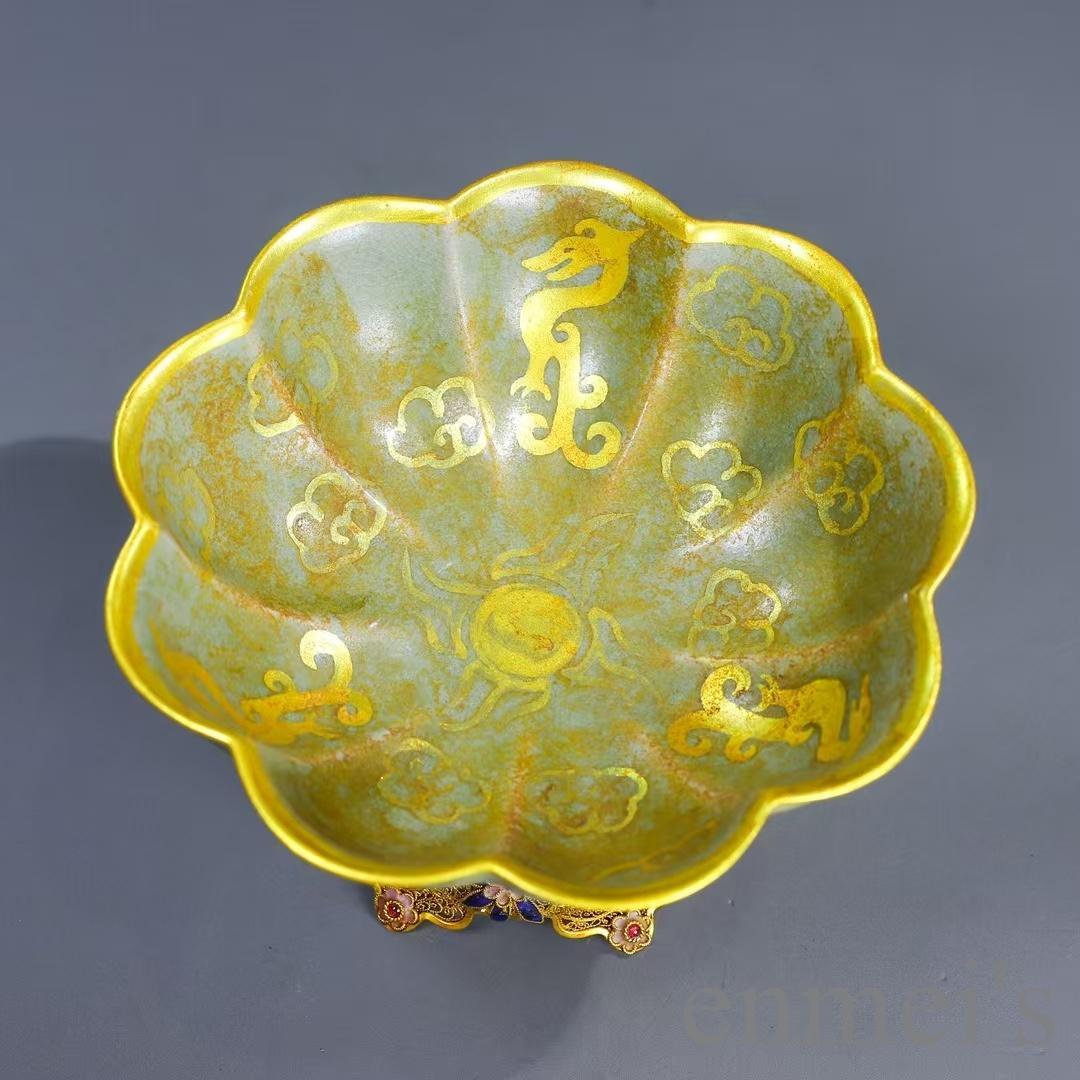 中国古美術 掐絲七宝 黄緑色 八弁花形茶碗 鍍金供盤 純銅製 仏具 供物器 茶具