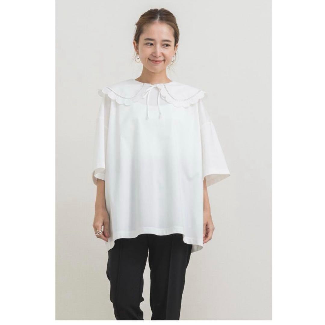 【美品】yori スカラップカラーカットソー ホワイト